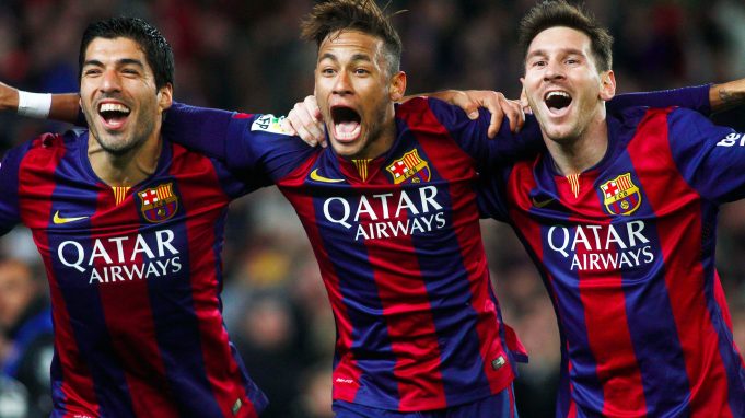 Neymar celebrating alongside Messi and Suarez